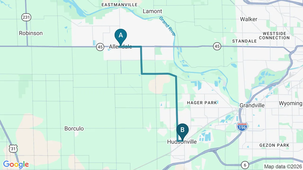 Driving directions map from Allendale, MI to Integrated Chiropractic in Defiance