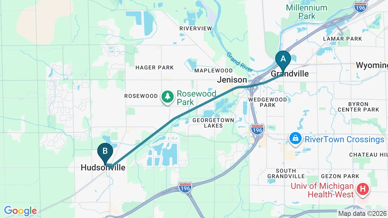 Driving directions map from Grandville, MI to Integrated Chiropractic in Defiance